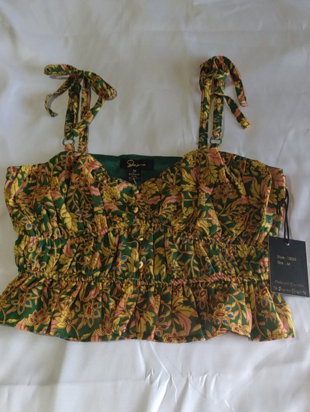 Japna‎ Green And Yellow Floral Crop Top- Women's Medium - Pleated Elastic